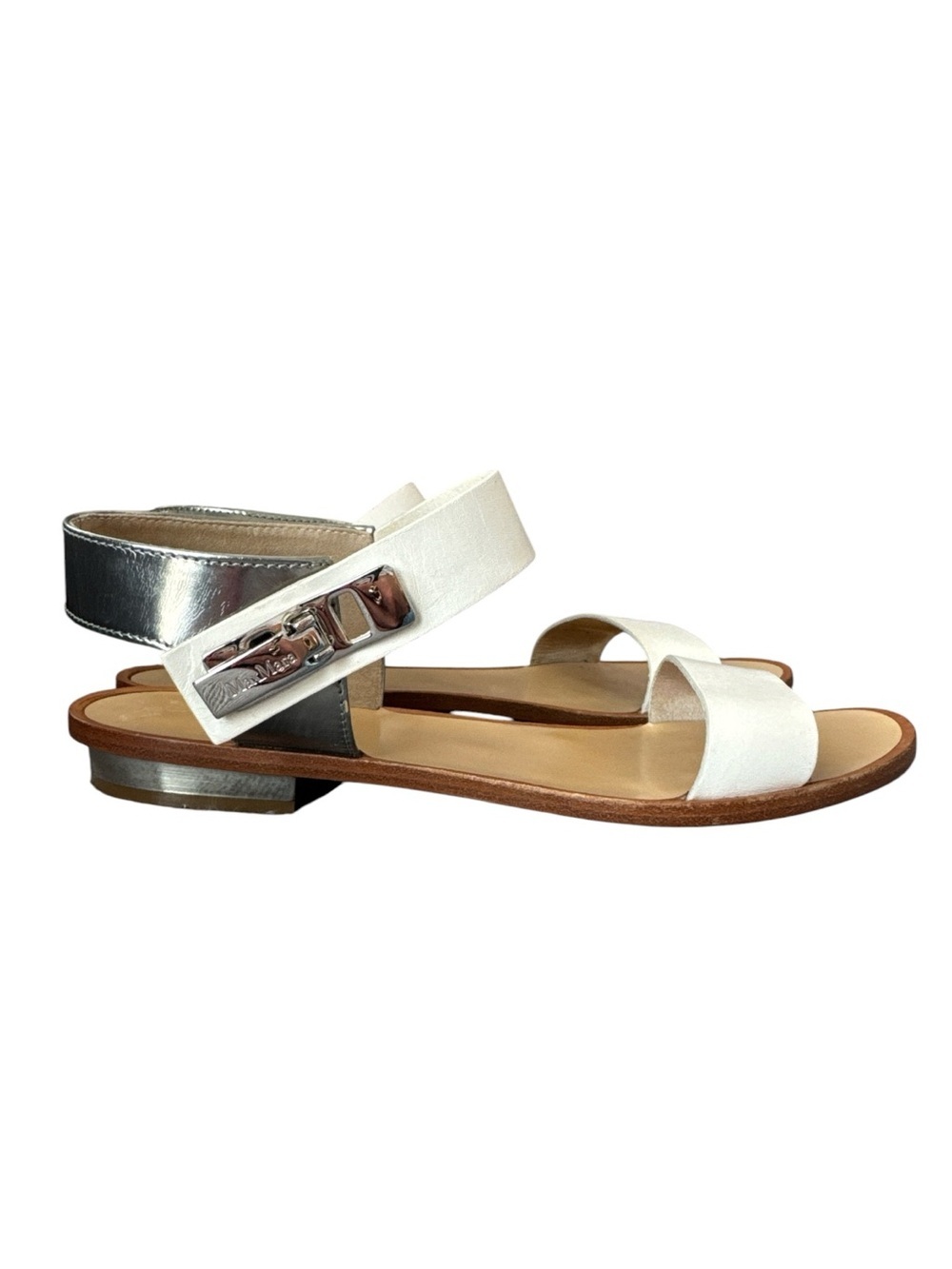 Max Mara Made in Italy White & Metallic Silver Leather Flat Sandals Size 37